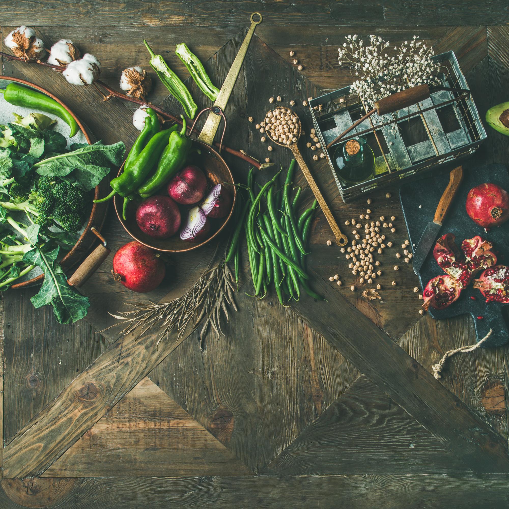 workshop table with tools and herbs