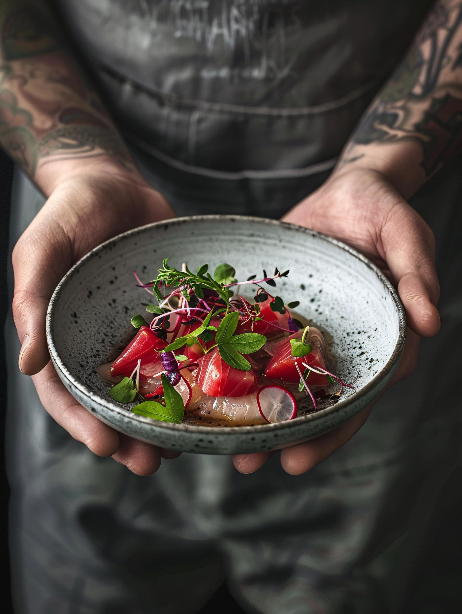 chef hands arranging garnish